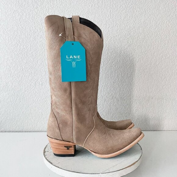 Lane Gallatin Womens Cowboy Boots 11 Latte Suede Cowgirl Western Mid Calf Tall - Picture 2 of 11